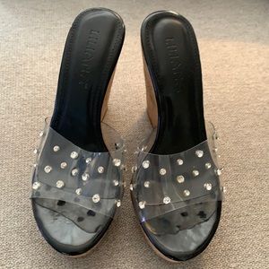 Liliana 5 inch cork wedges Lucite rhinestones